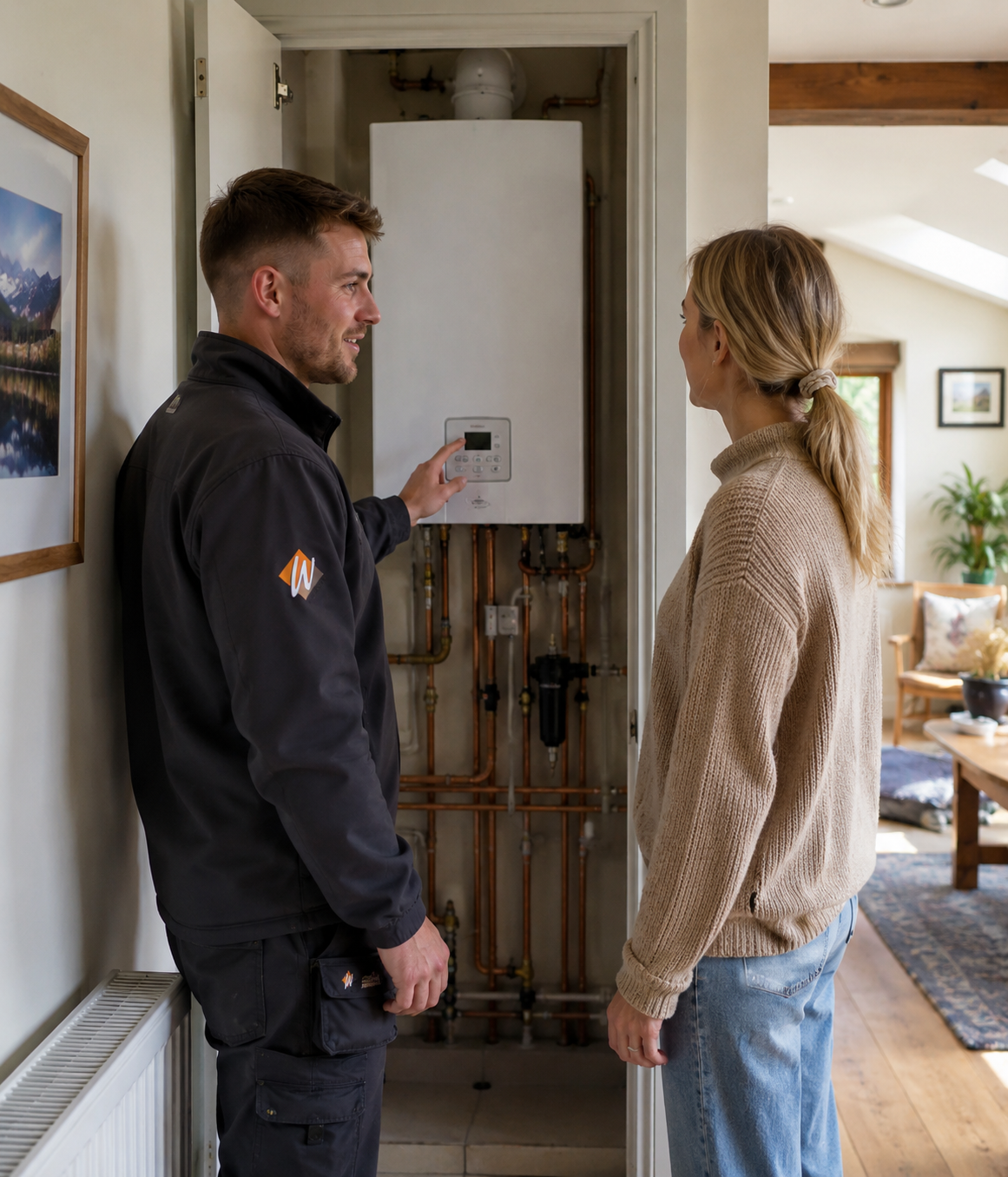 Technician in dark jacket pointing at thermostat while homeowner in beige sweater watches heating system installation indoors