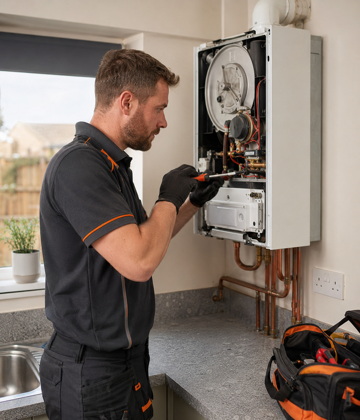 Technician in black and orange uniform servicing wall-mounted boiler system indoors