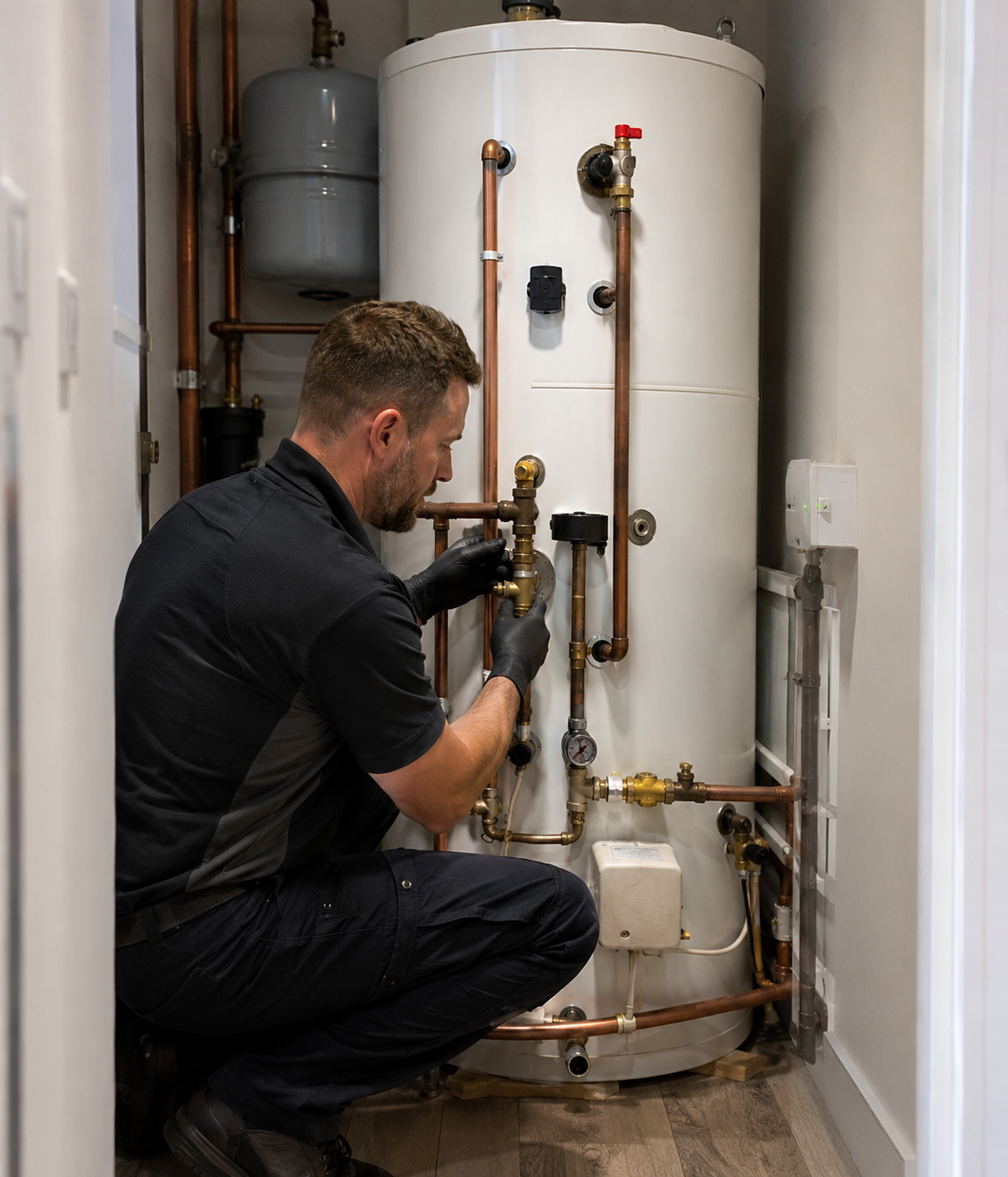 Technician in black shirt crouched beside white water heater, adjusting copper pipework connections