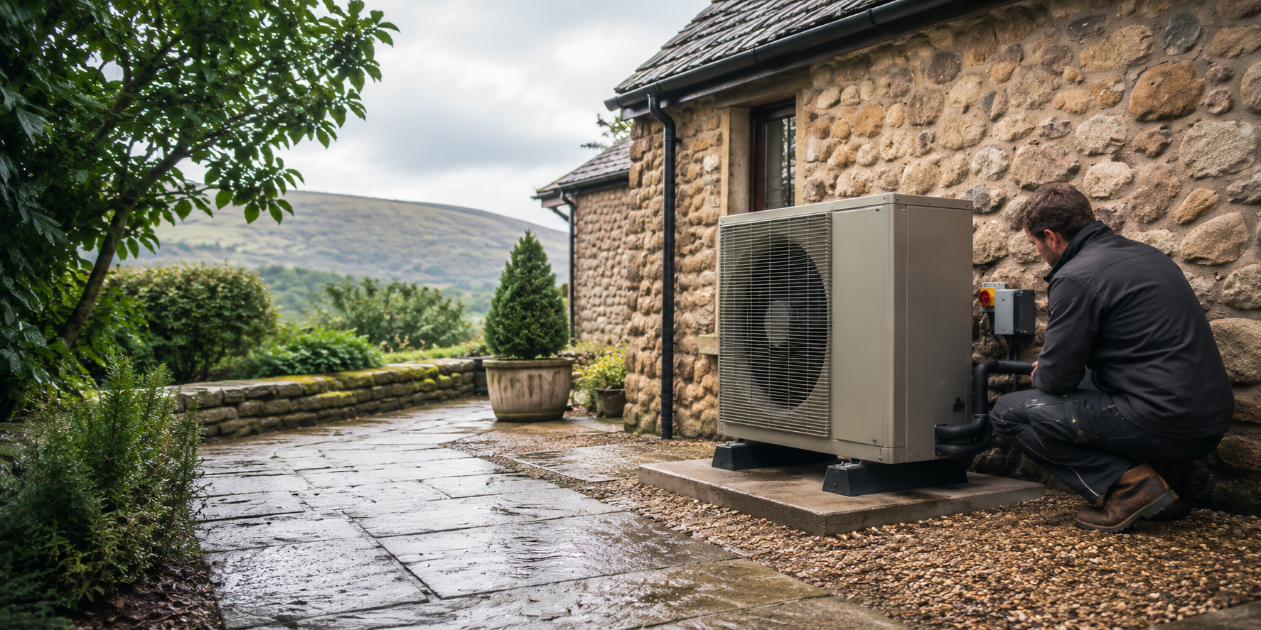 Technician crouching beside heat pump unit at stone cottage with mountain backdrop