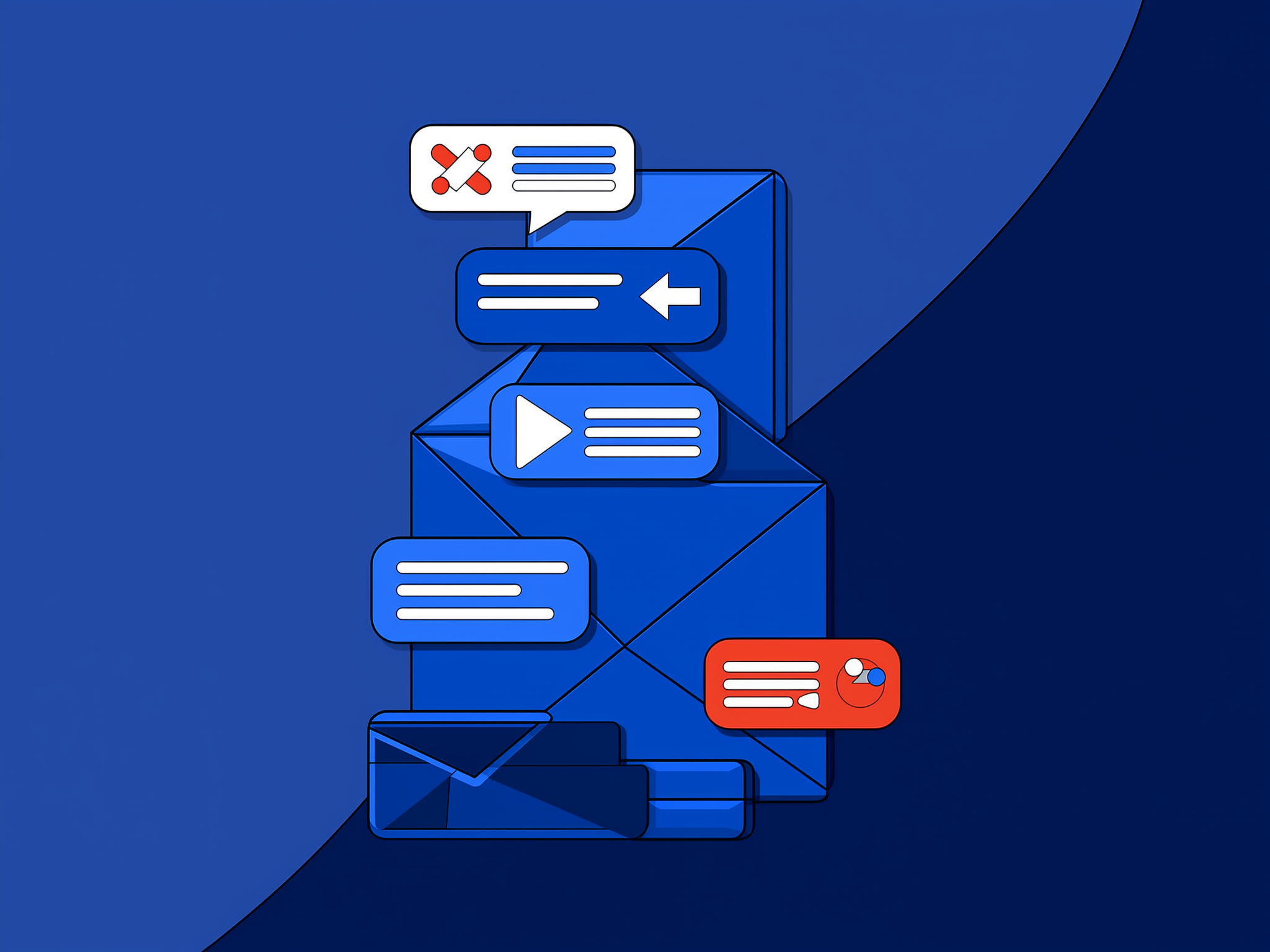 Flat design illustration of email and message management workflow with icons