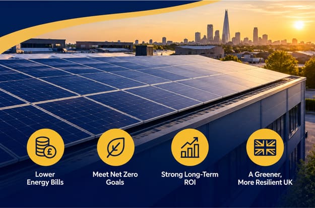 Solar panels on commercial rooftop at sunset with city skyline and benefit icons below.