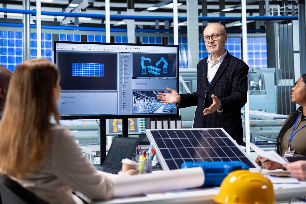Man in blazer presenting solar panel technology on monitor to colleagues in modern office