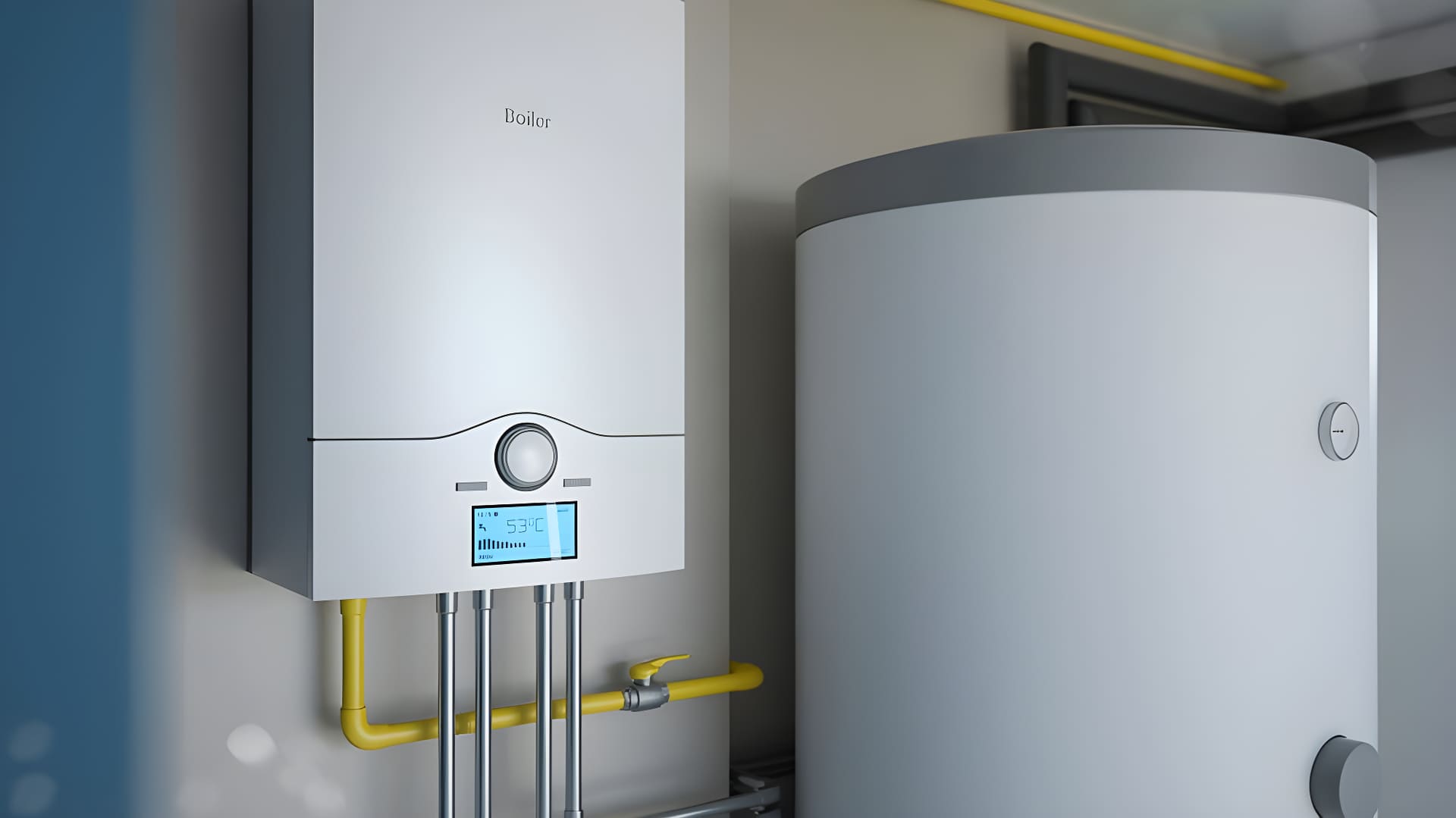 White boiler with digital display and yellow pipes connected to large white hot water tank
