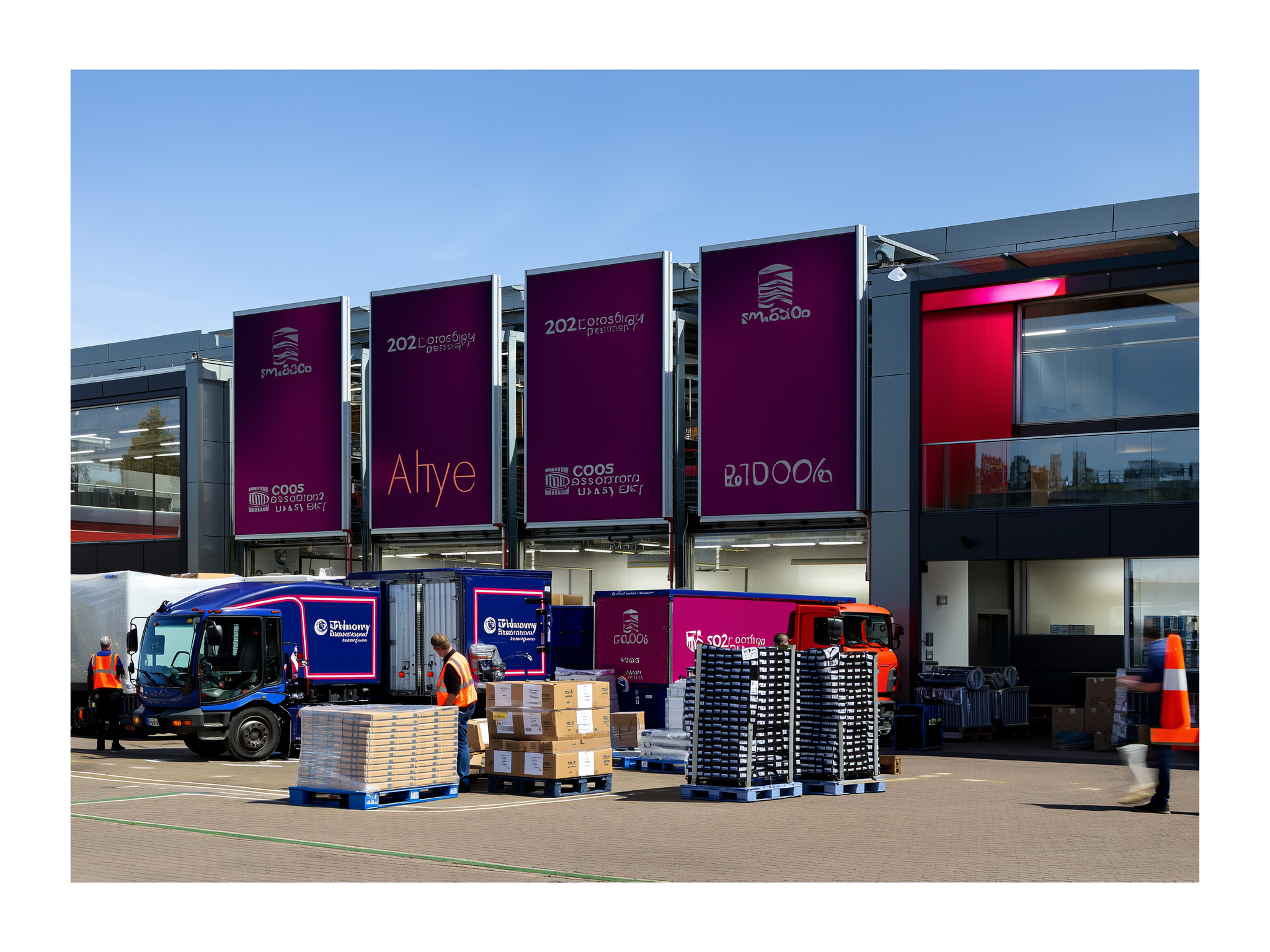 Delivery truck and workers unloading packages at a modern logistics facility with purple signage