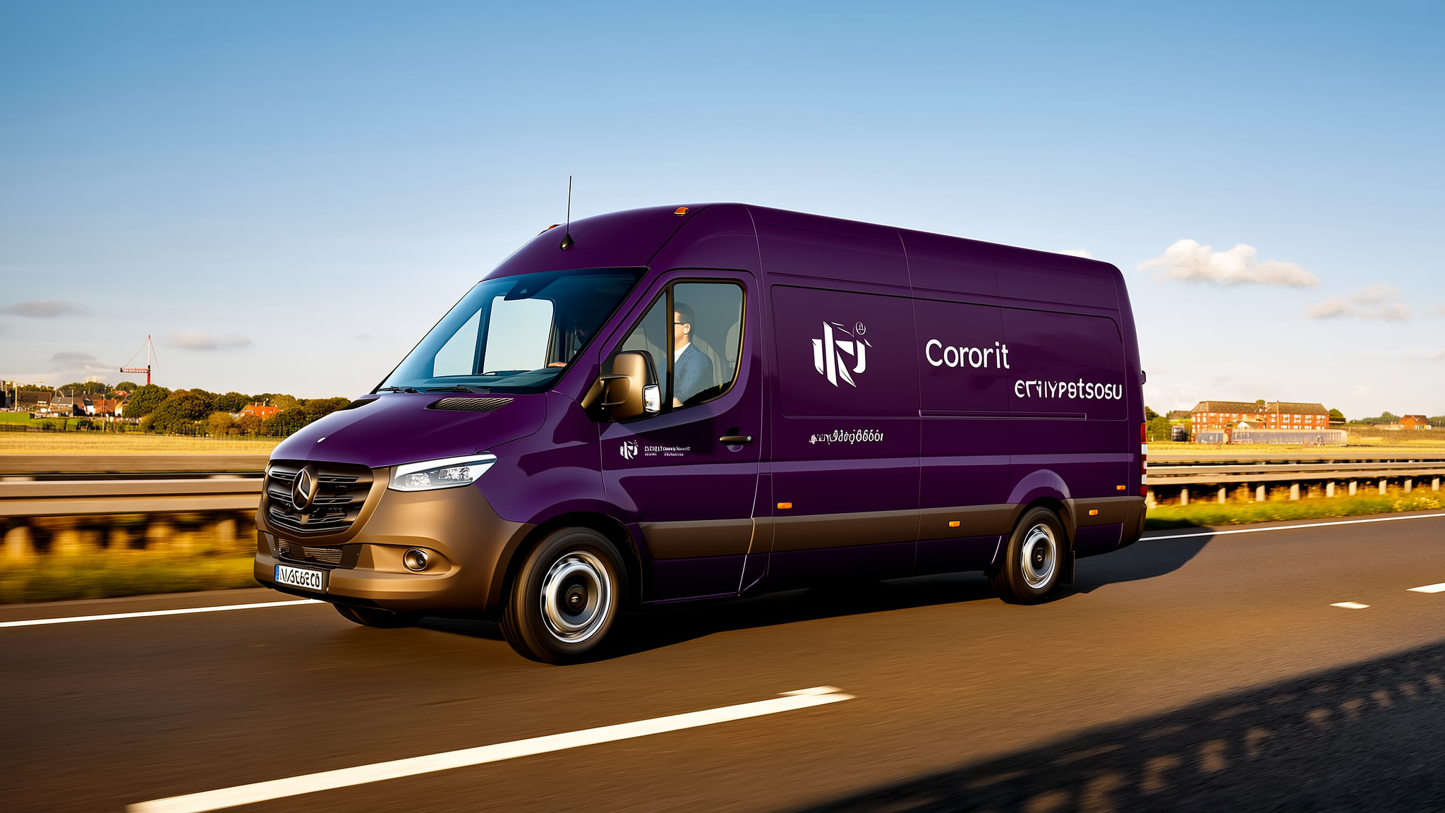 Purple Mercedes delivery van branded Colorit moving on a motorway