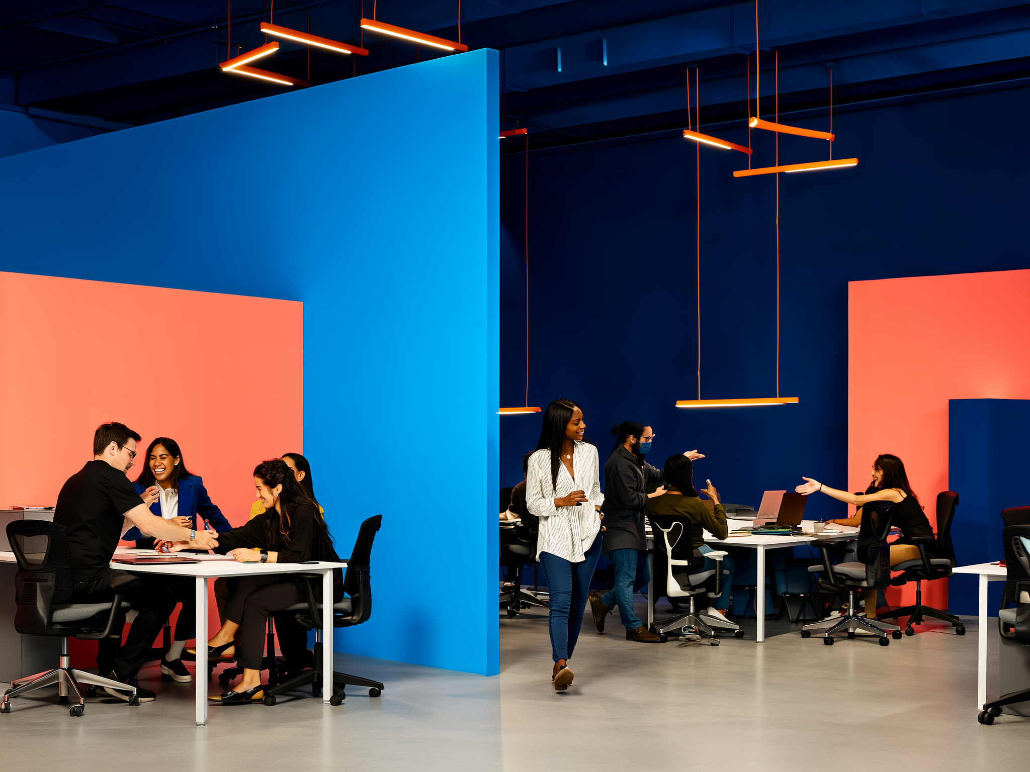 Modern office space with colorful blue and orange walls, multiple employees working at white tables