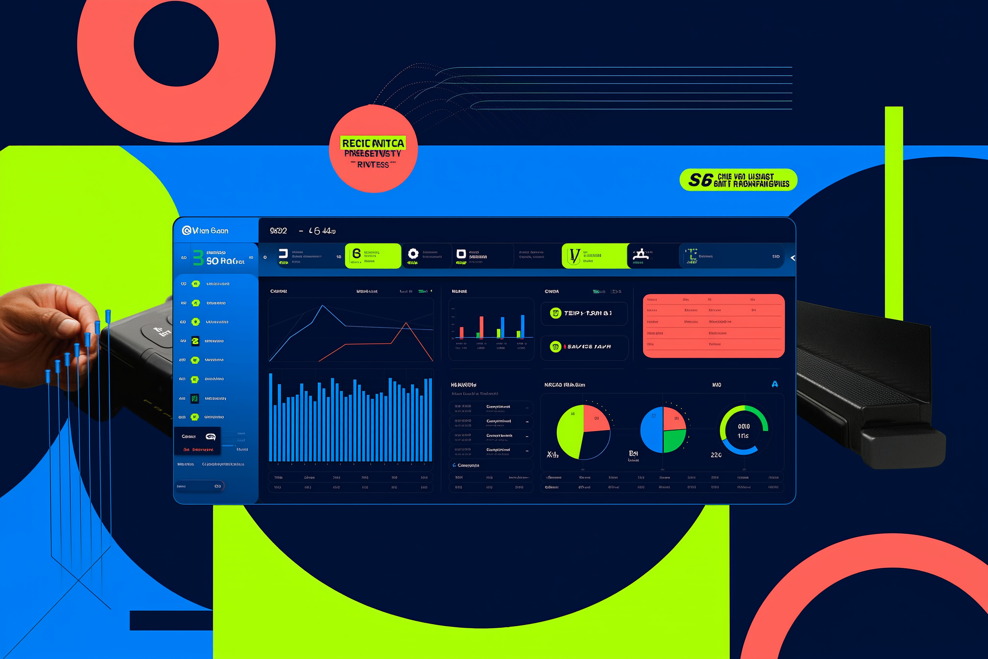 Person pointing at analytics dashboard with charts, graphs, and pie charts on screen