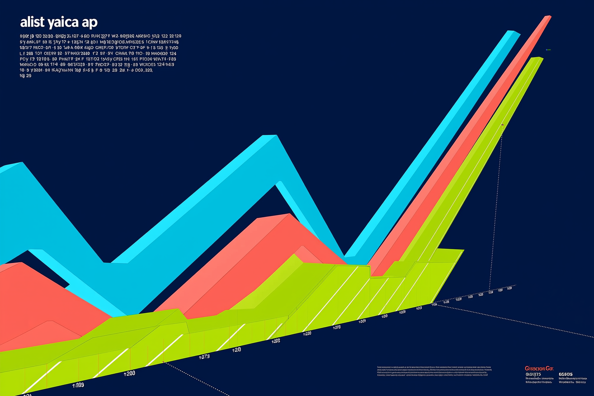 Three colorful stacked area chart lines showing upward growth trends on dark blue background