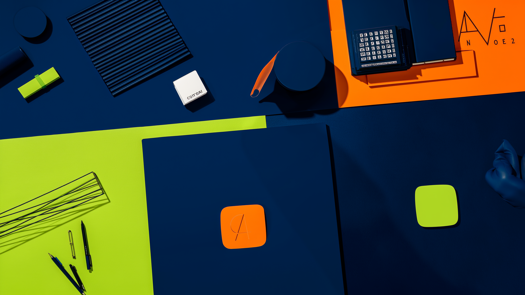 Overhead flat lay of office supplies and design tools on navy and neon yellow background