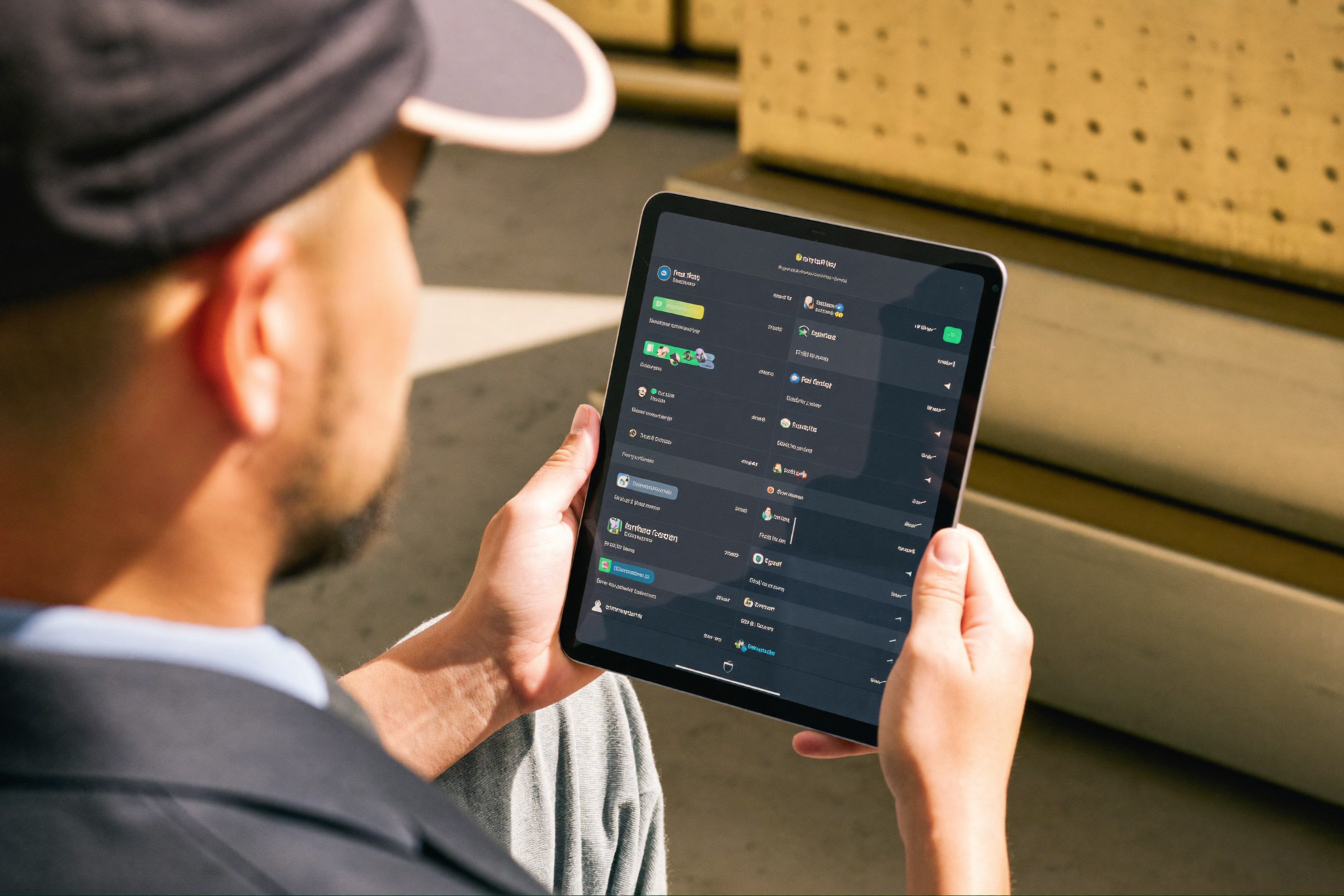 Worker in cap holding tablet with app interface in warehouse or storage setting