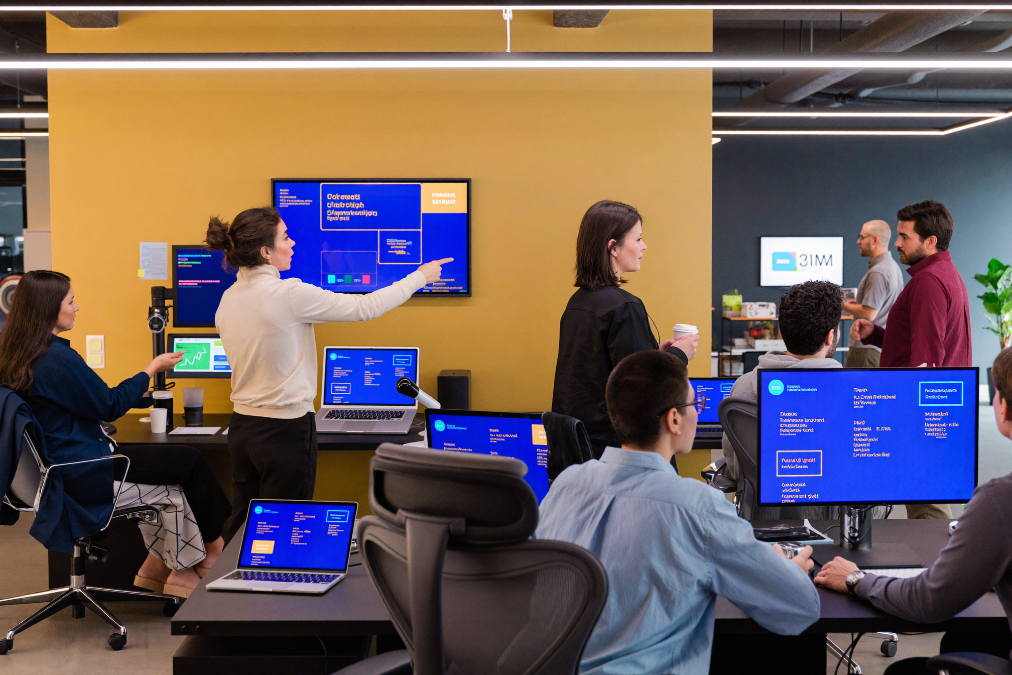 Team of seven people working in modern office with multiple screens displaying blue interface dashboards