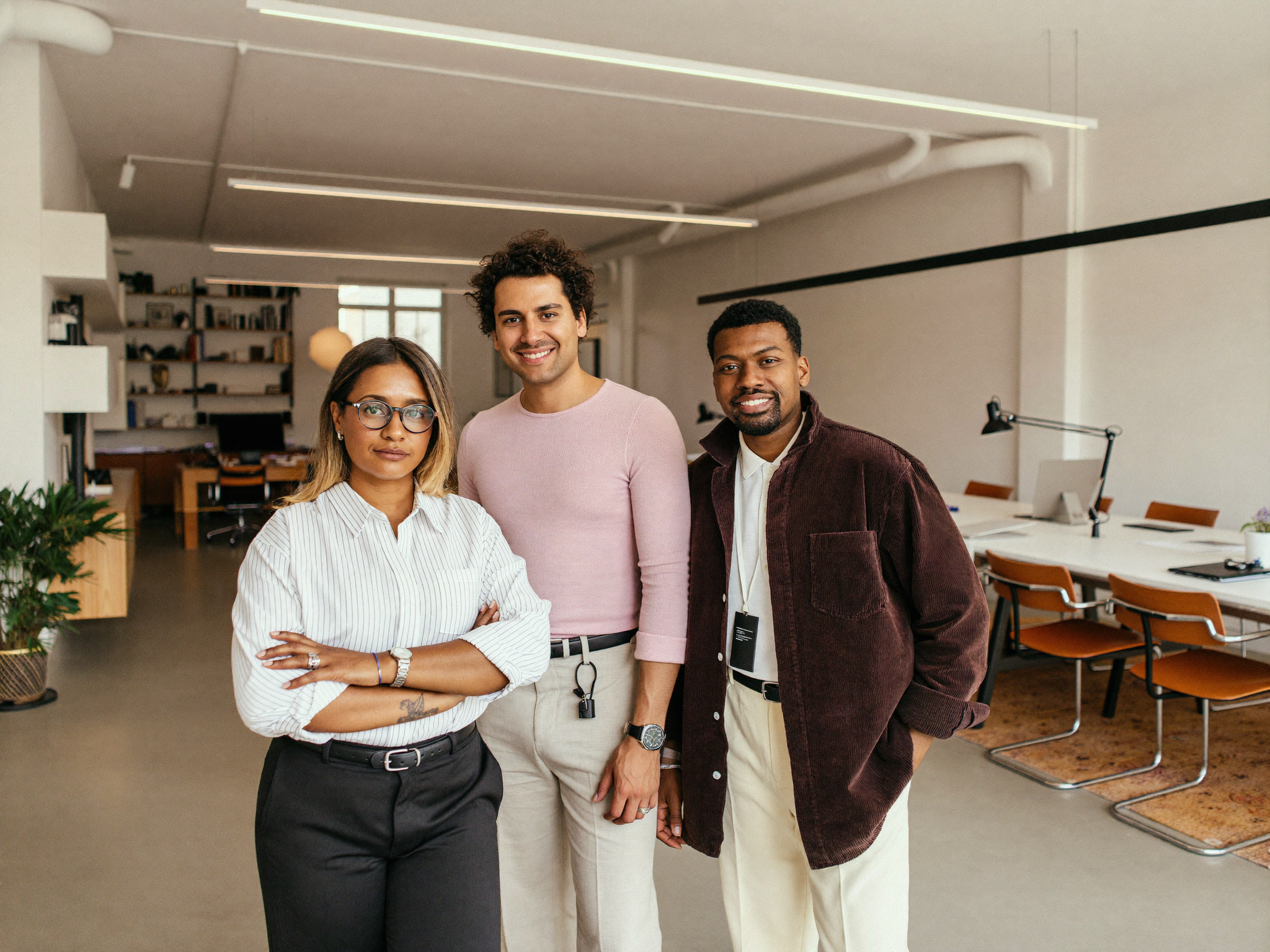 Three professionals smiling at camera in modern office workspace with desks