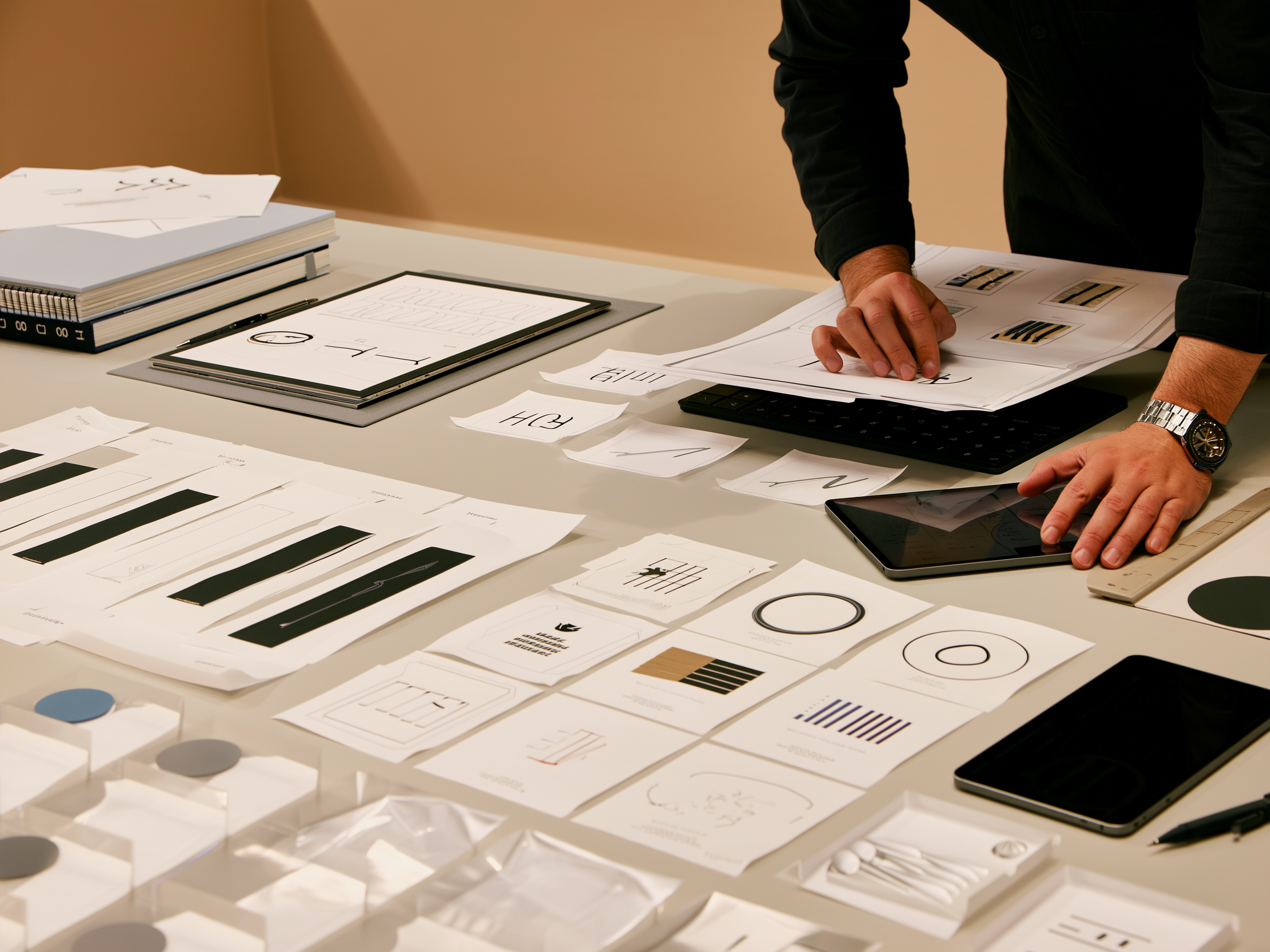Designer reviewing layout sketches and digital mockups on table with tablet