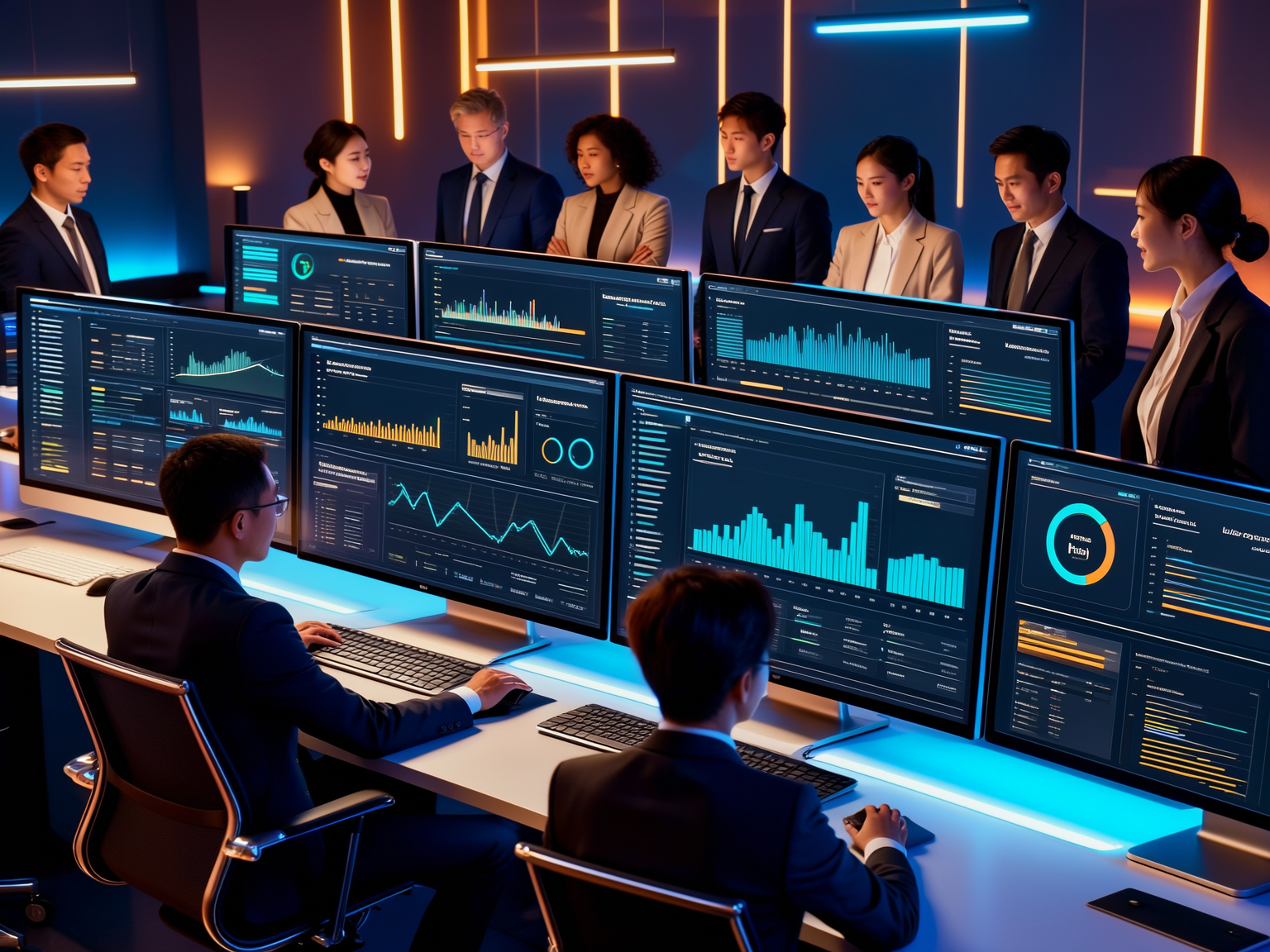 Team in business attire observing multiple computer monitors displaying data analytics dashboards