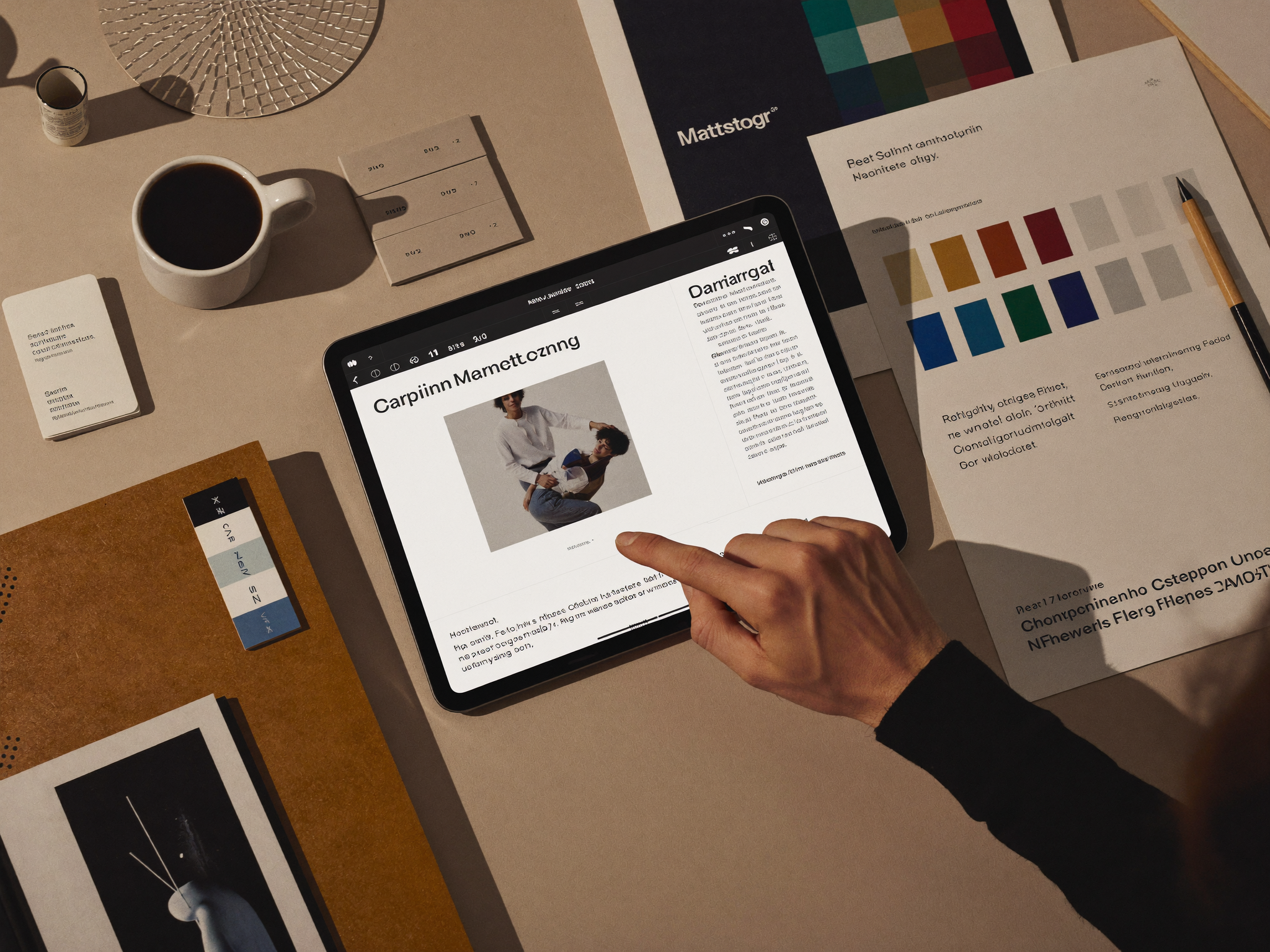Close-up of marketing campaign design process with creative tools and digital design work