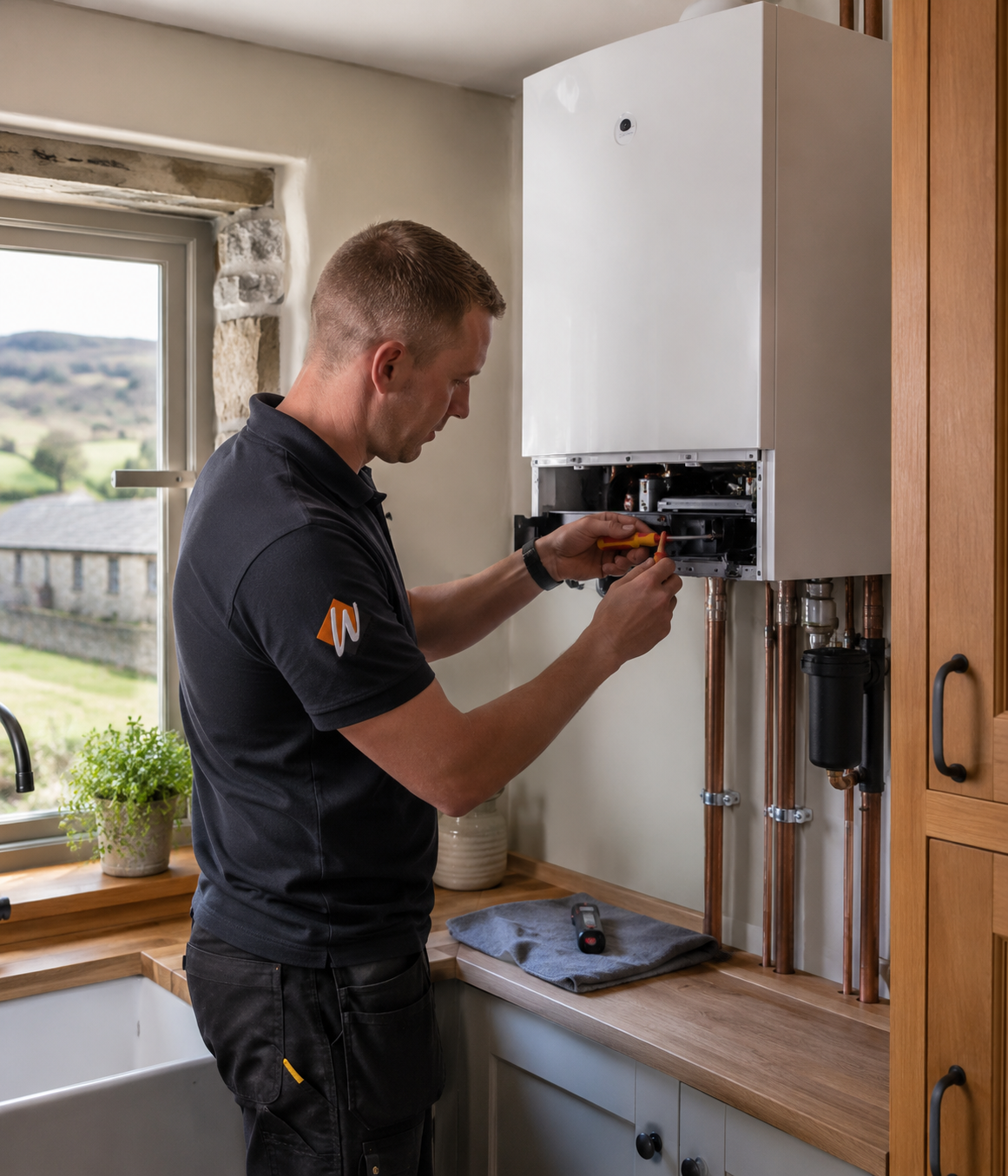Heating engineer servicing a modern white boiler in a kitchen with valley views visible through the window.