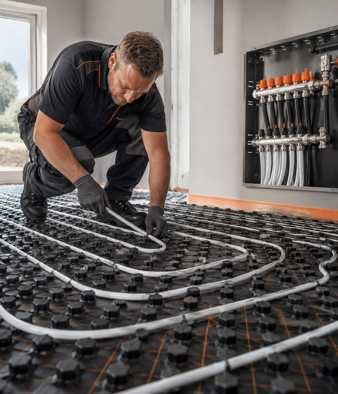 Heating engineer installing underfloor heating pipes in floor with manifold system visible on wall