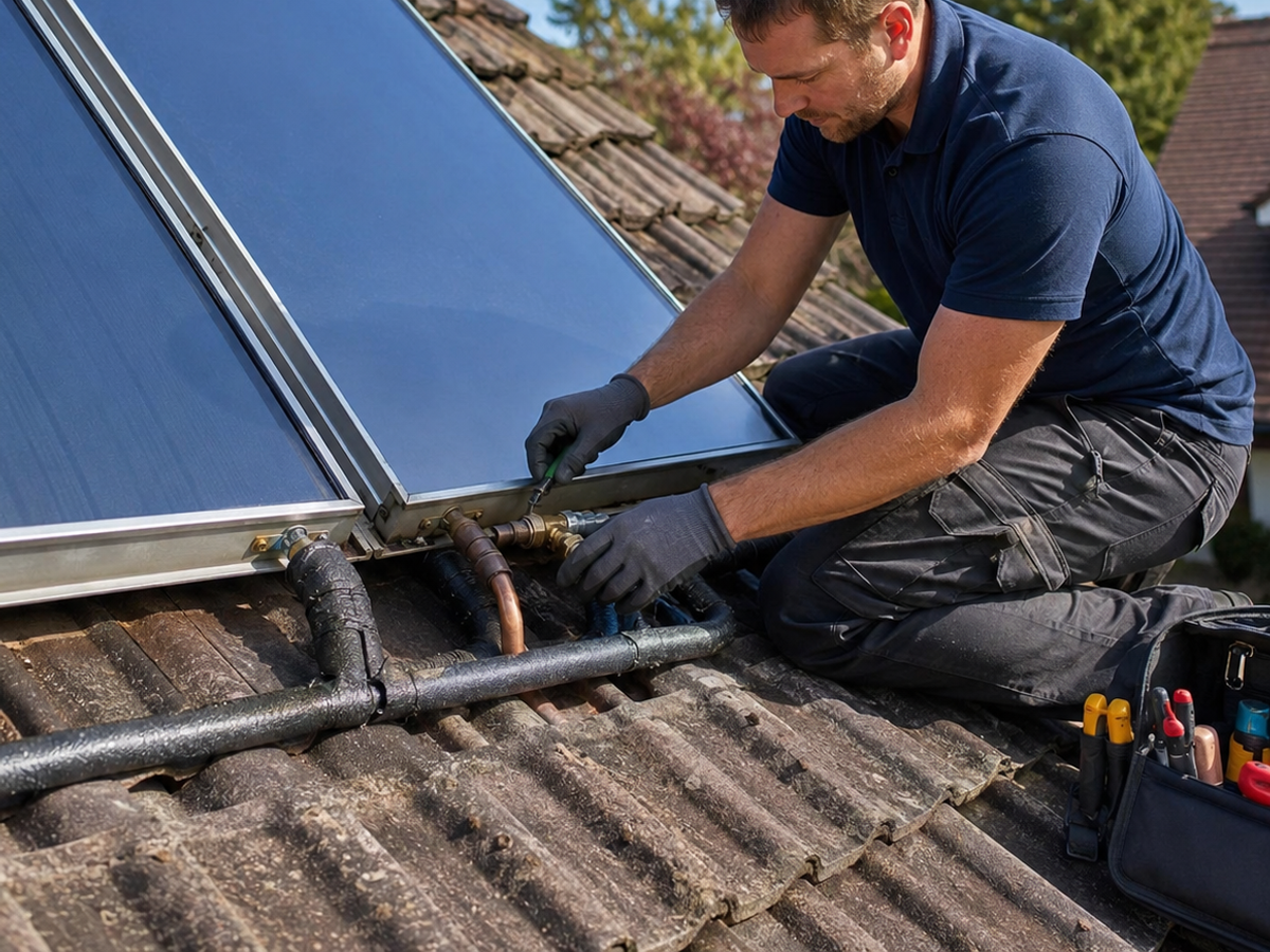Technician installing solar panel on roof, connecting pipes and fittings