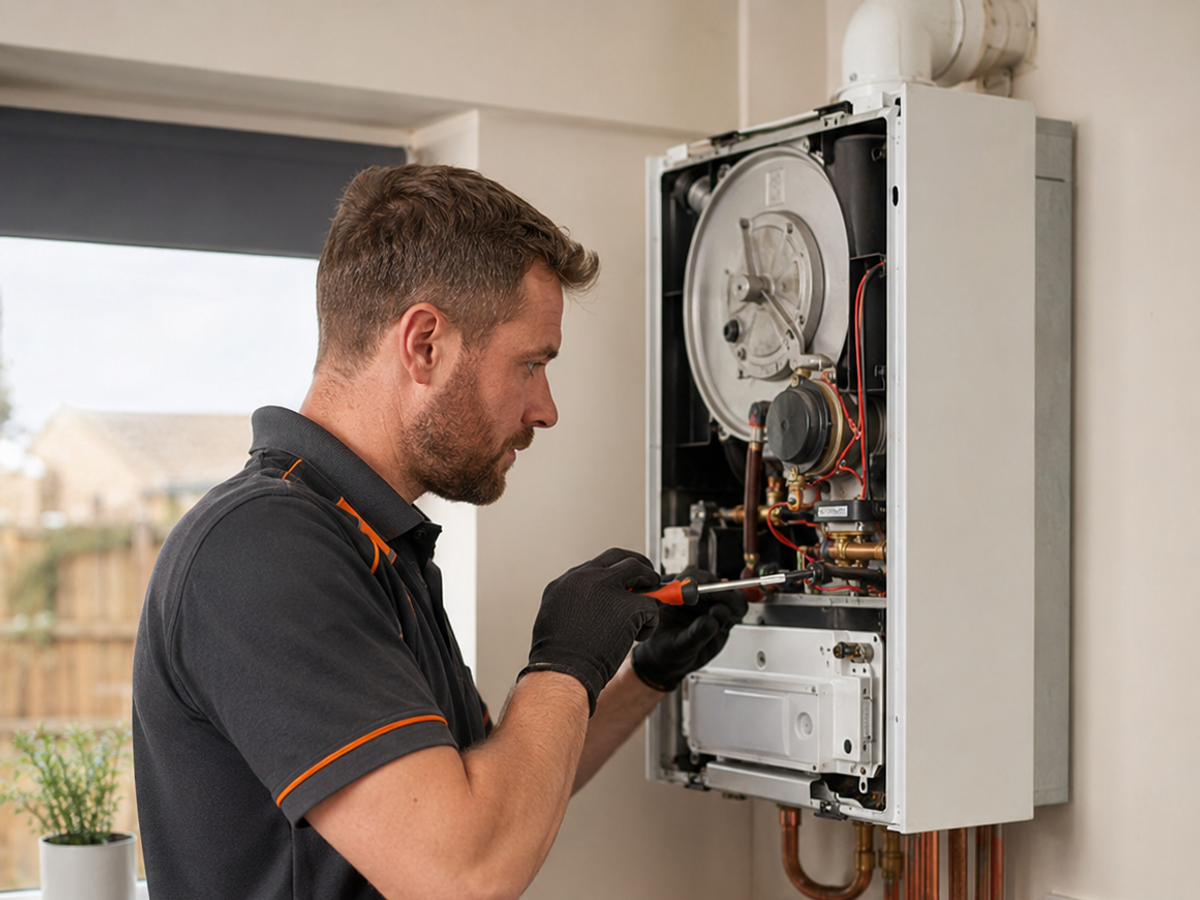 Technician in dark polo shirt inspecting internal components of wall-mounted heating system