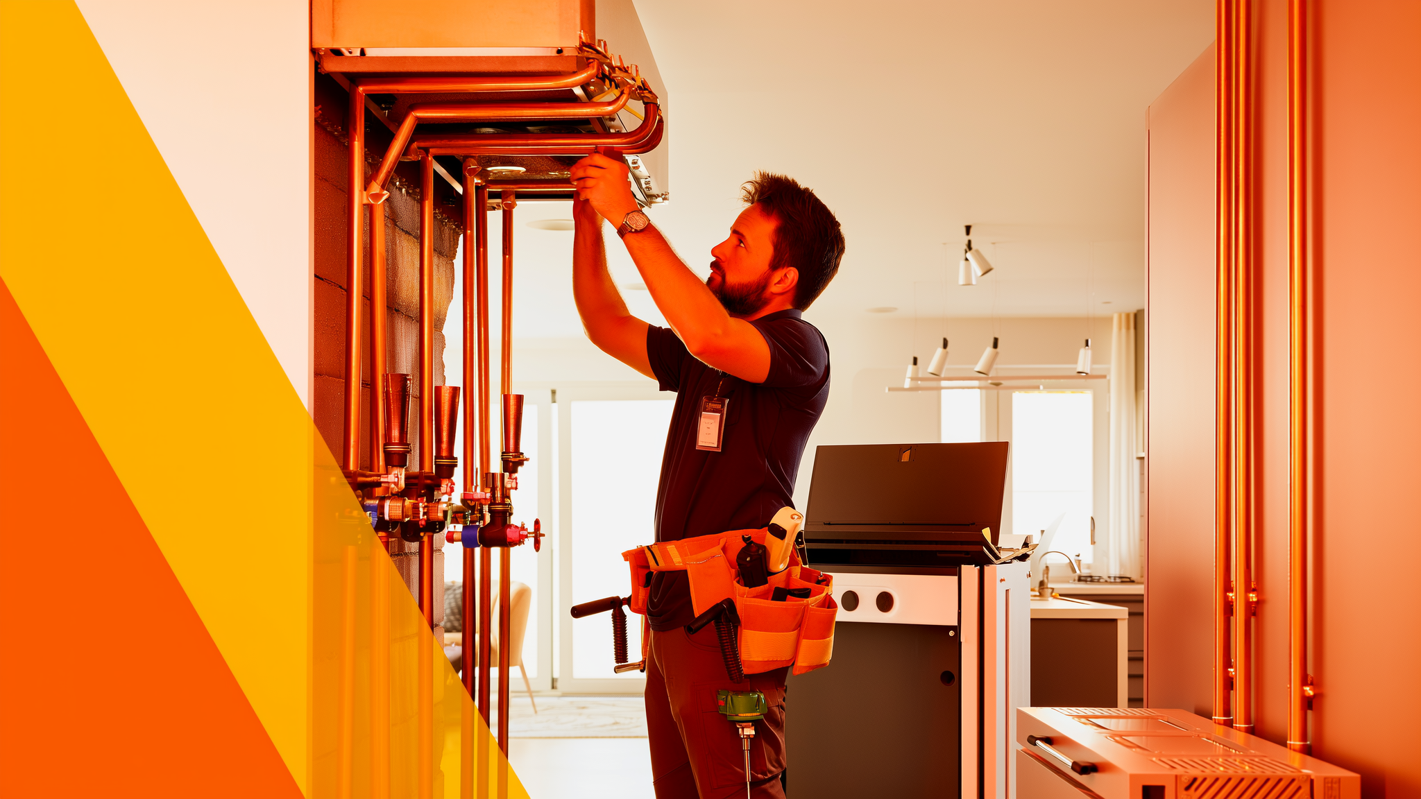 Plumber installing red copper pipes on wall in residential kitchen space