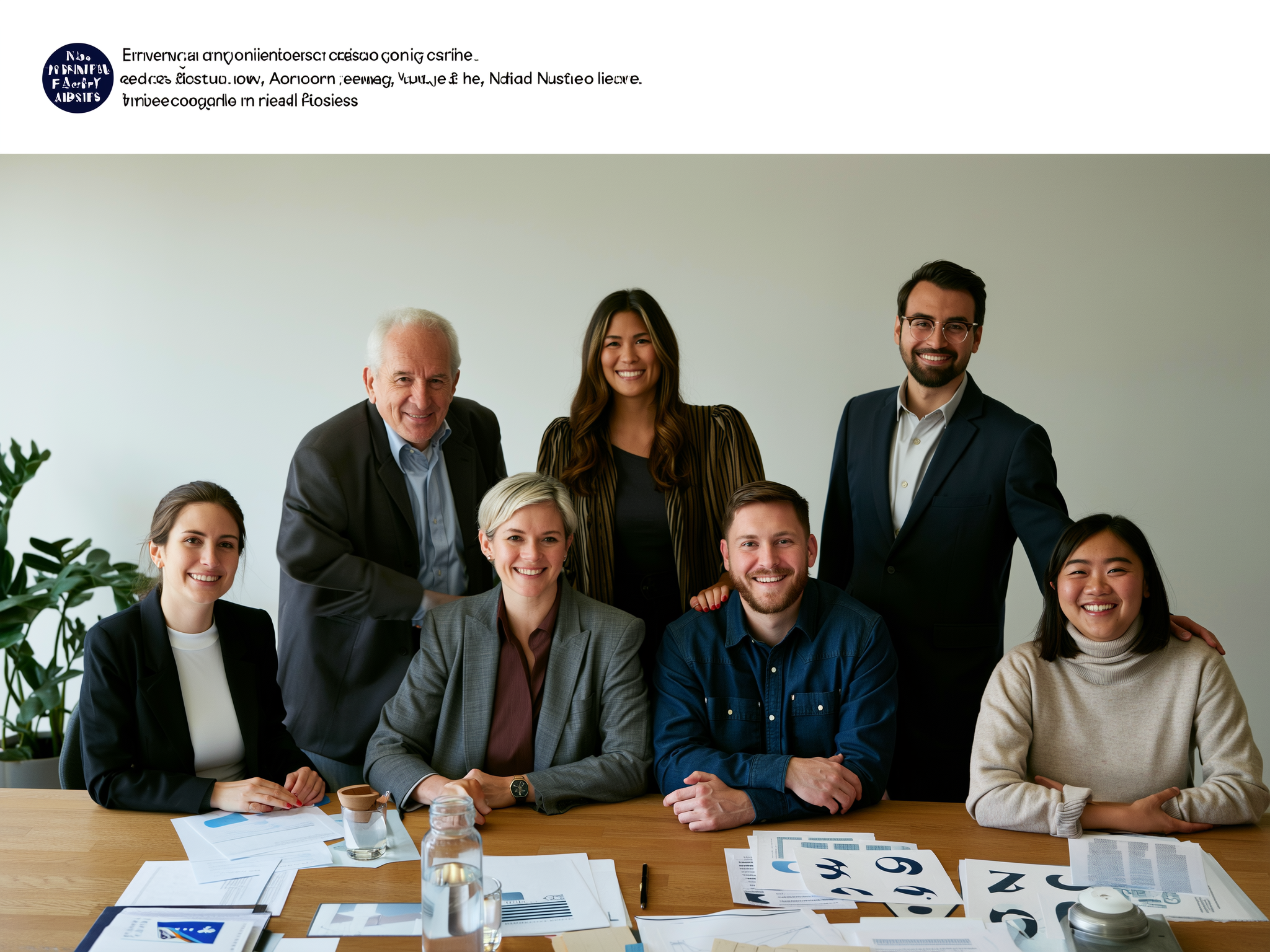 Seven professionals posing together in an office, some seated at a wooden table with papers and water glasses.