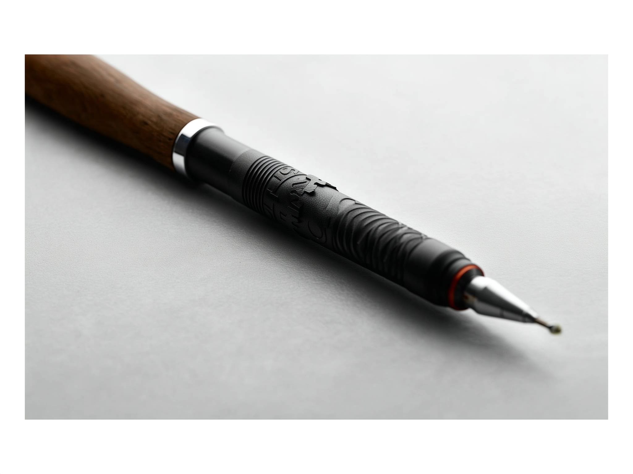 Close-up of a stylus pen with wooden handle and black grip on white surface