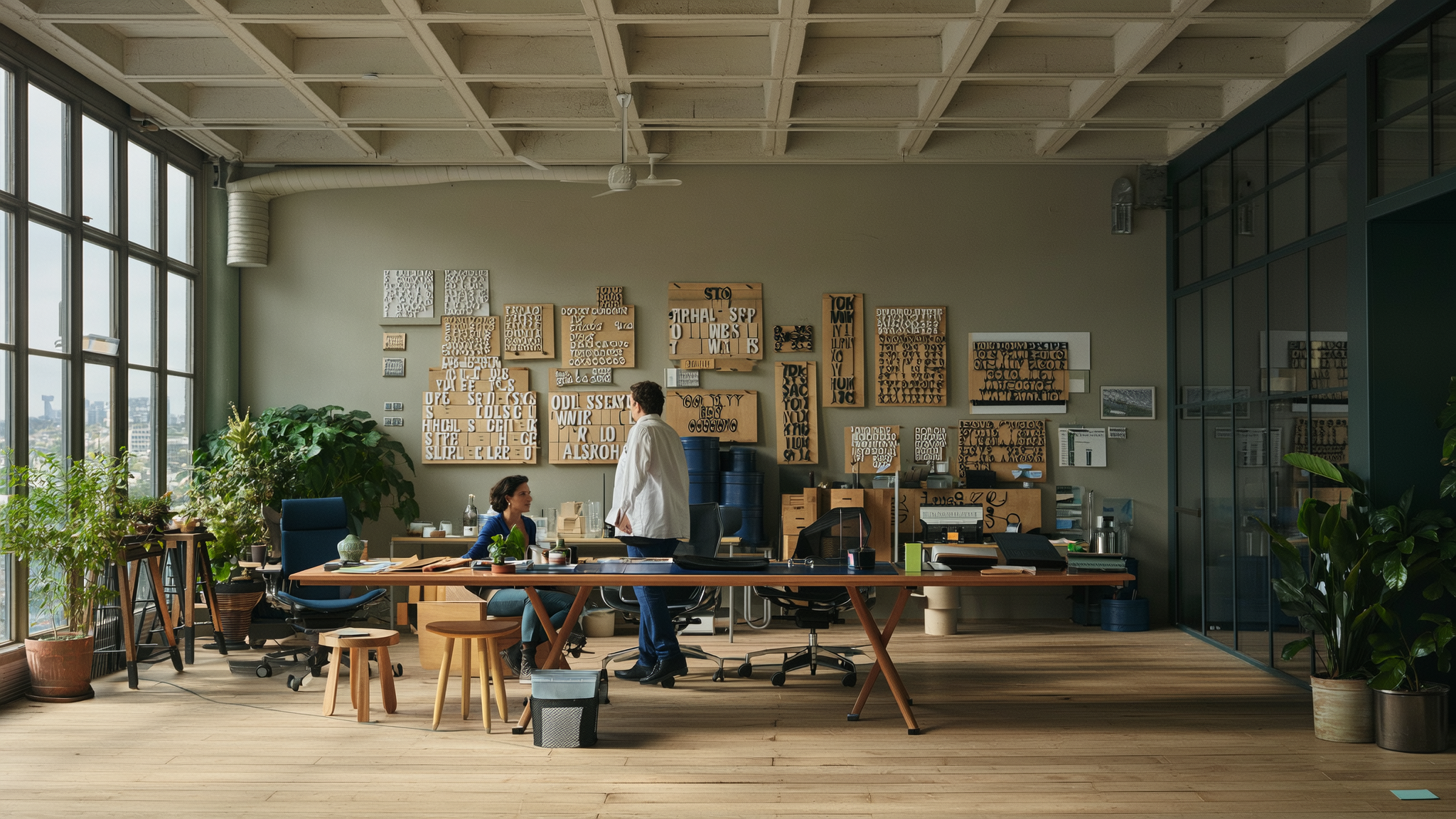 Two people working in a bright modern office with wooden desks, plants, and organizational boards on walls