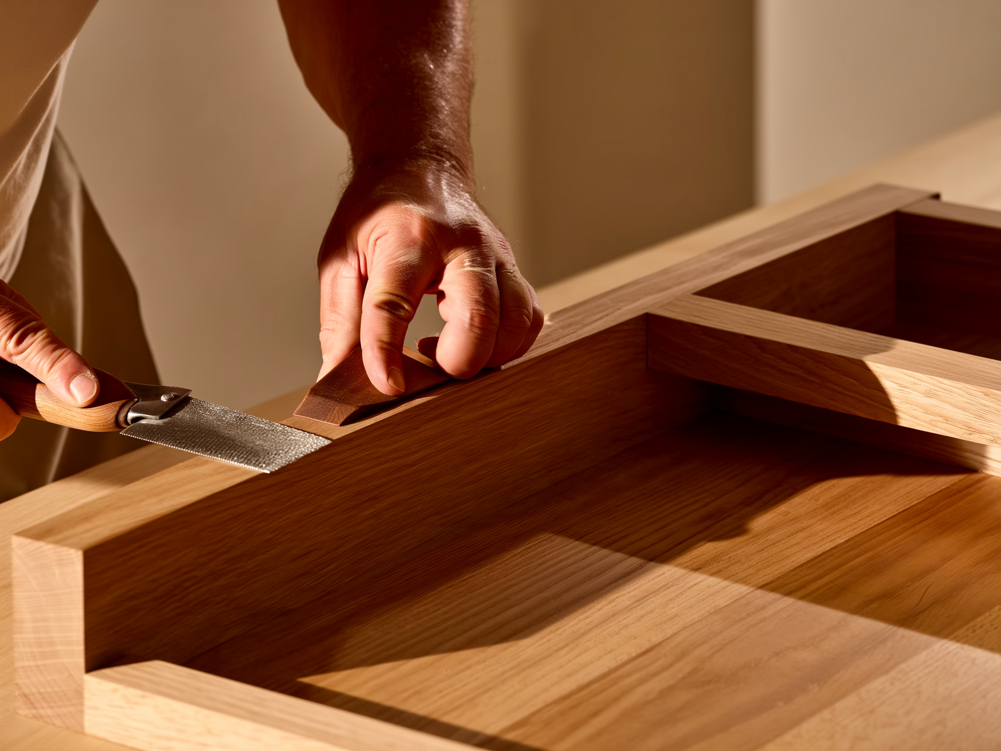Woodworker's hand sanding wooden furniture frame with hand tool in sunlight