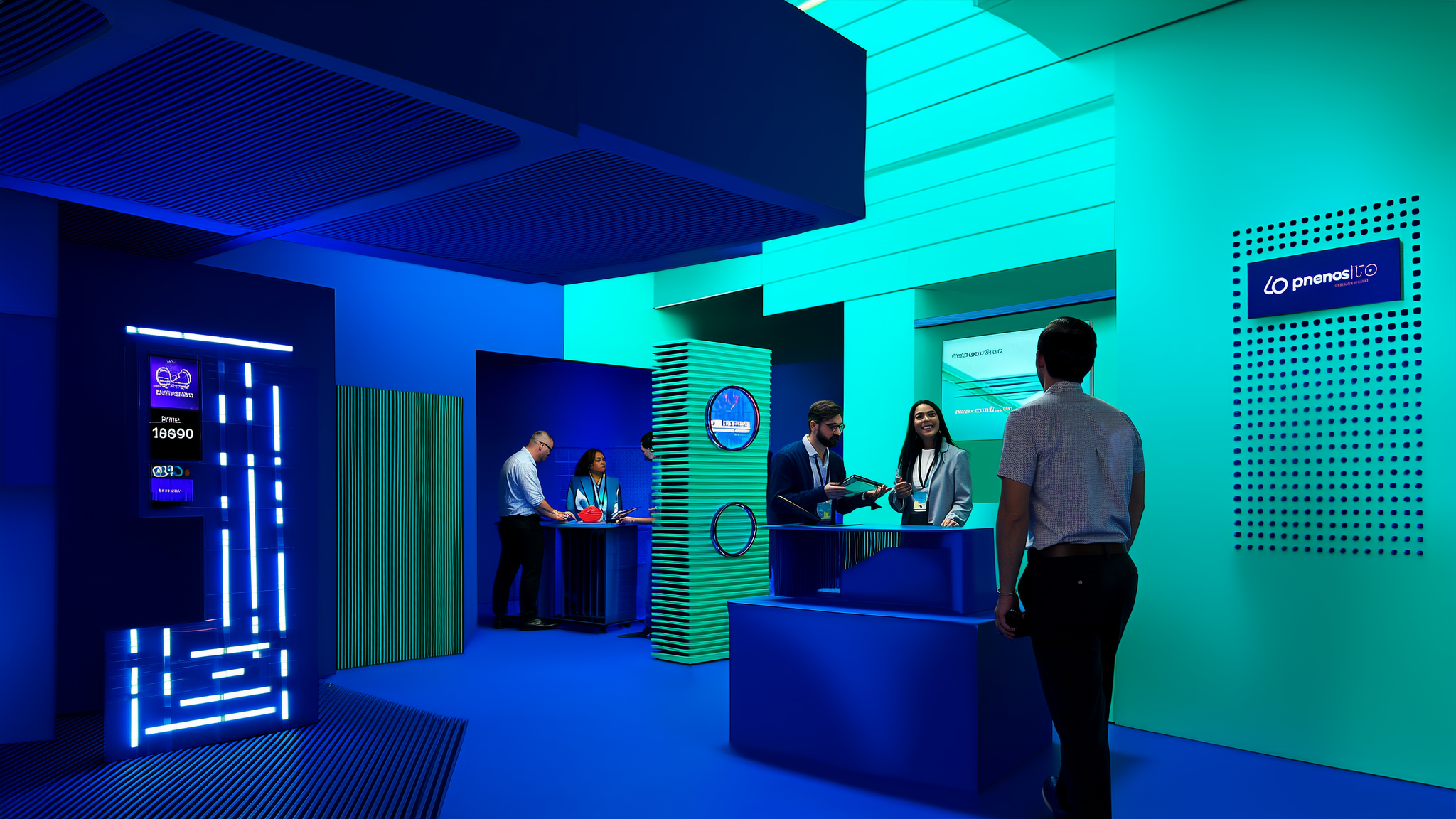 Modern office reception area with blue and cyan neon lighting and geometric design elements