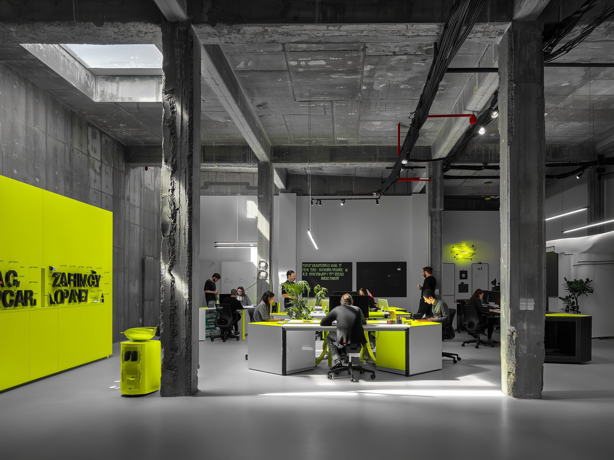 Industrial workspace with concrete pillars, bright yellow-green furniture and signage, multiple workers at desks, modern lighting