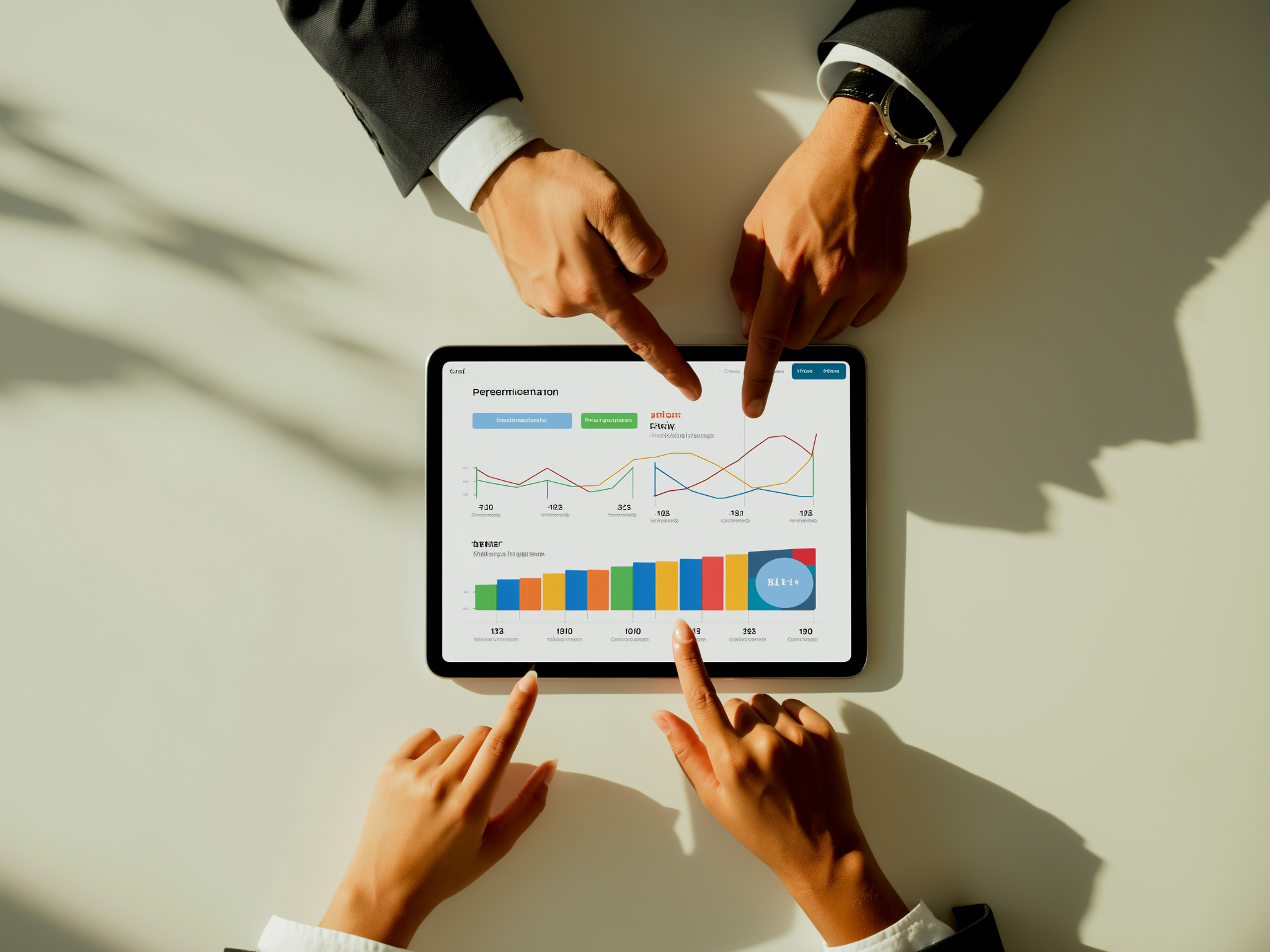 Close-up of hands pointing at marketing performance charts and growth metrics on a tablet