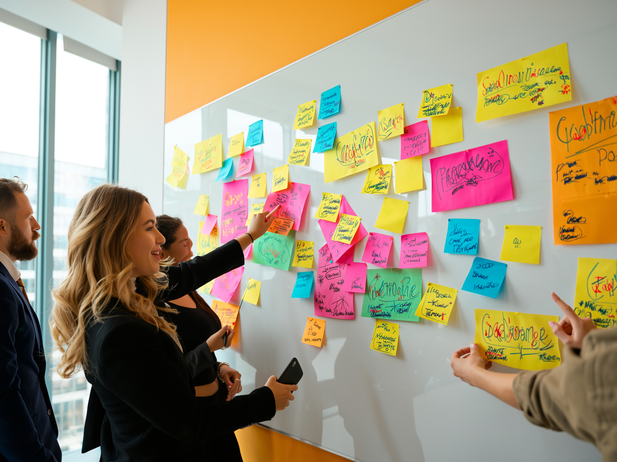 Creative brainstorming session with sticky notes, sketches, and campaign ideas on a whiteboard wall