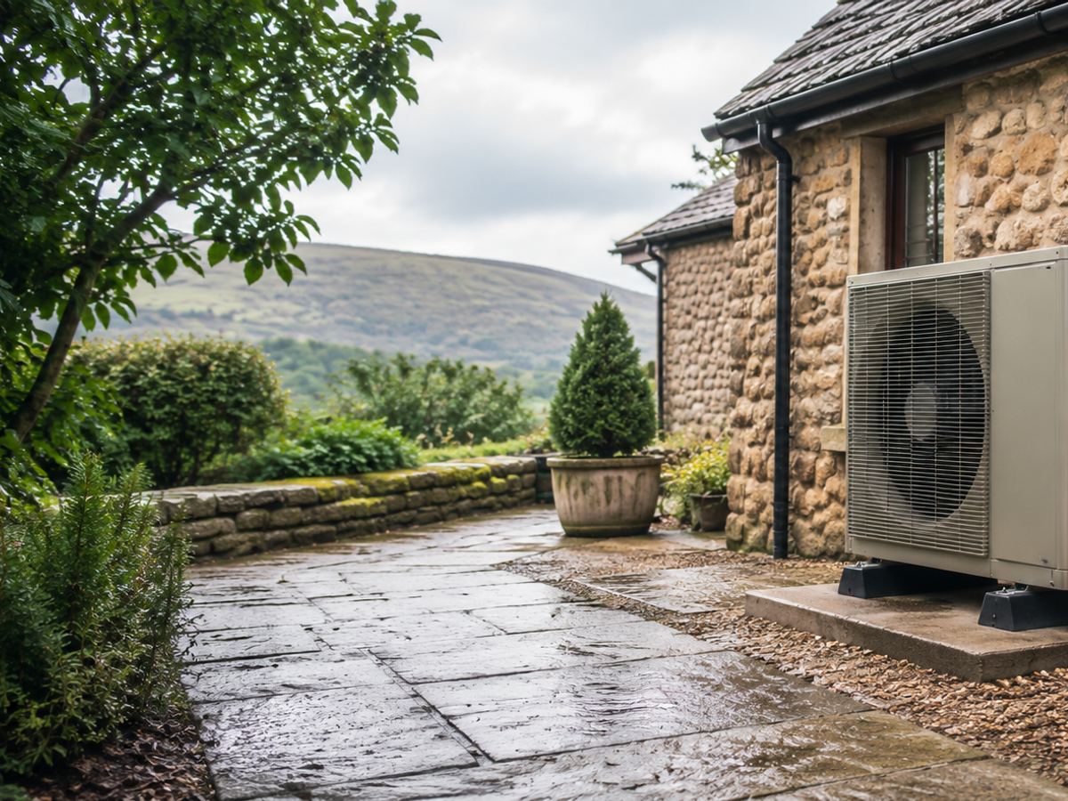 Stone house with patio, heat pump unit, and rural hillside landscape view