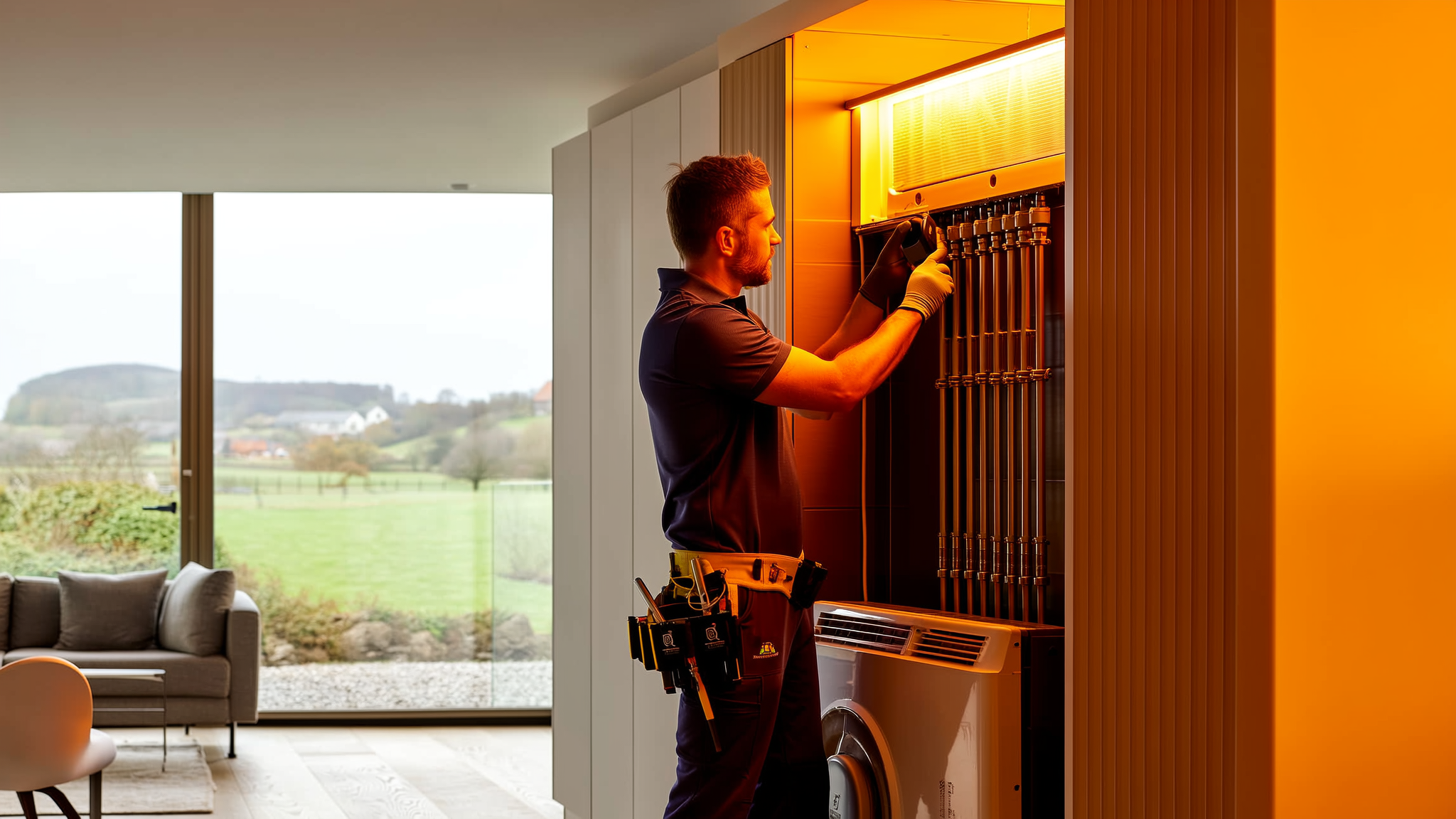 Technician working on electrical panel in modern home with countryside view