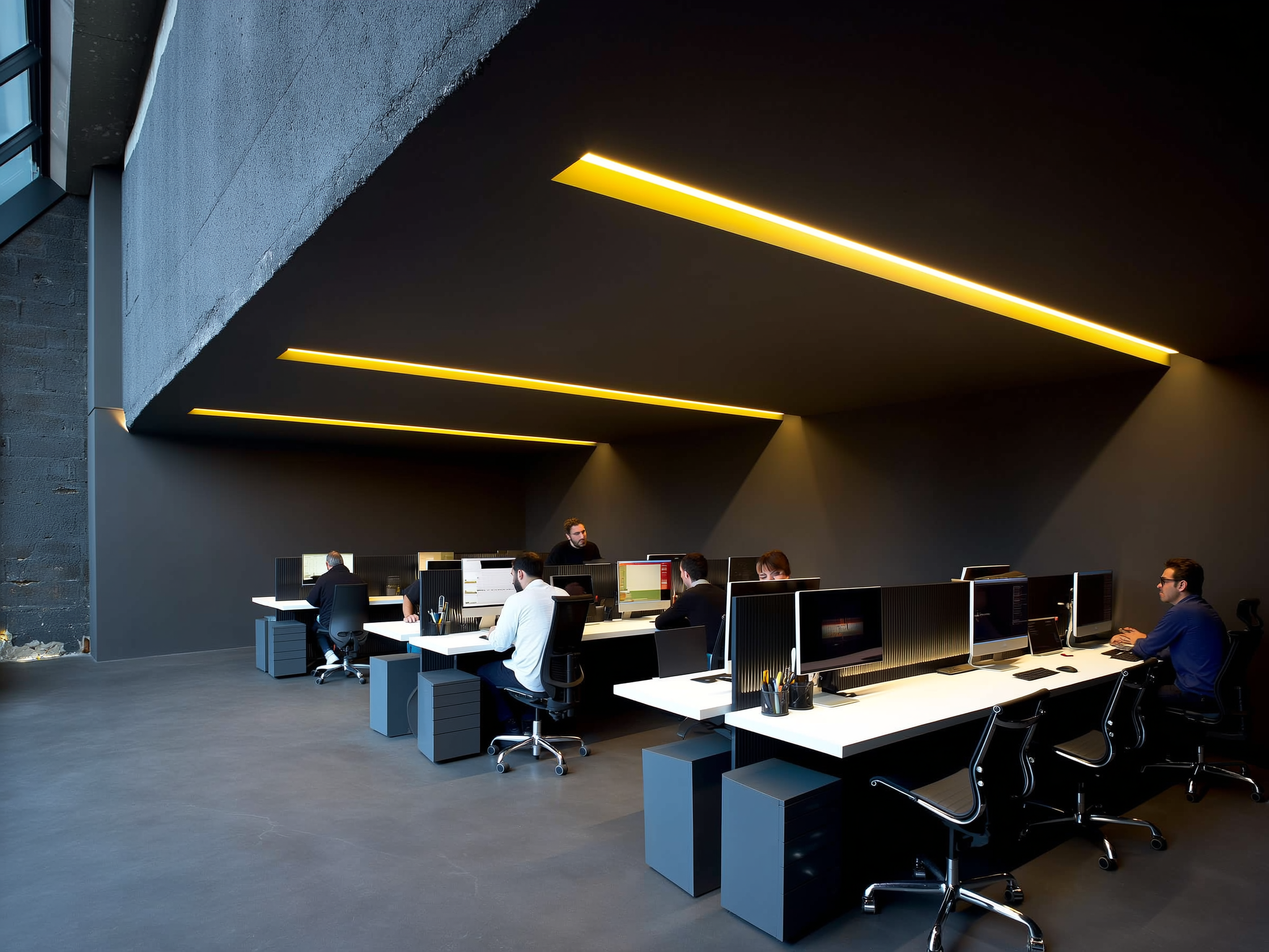 Modern office space with employees at computer workstations under yellow ceiling lights