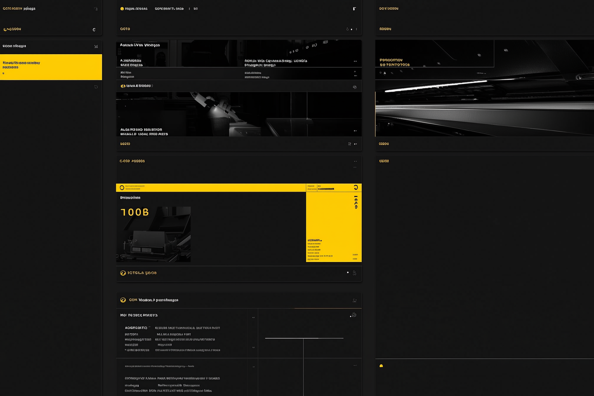 Website portfolio layout with dark theme, yellow accent bars, and product images