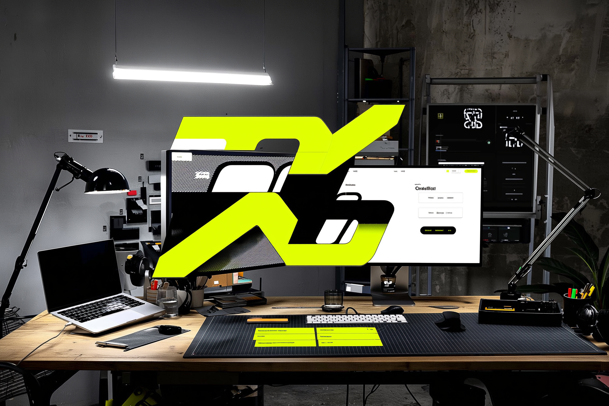 Modern desk setup with laptop, monitors, and bright yellow X graphic overlay