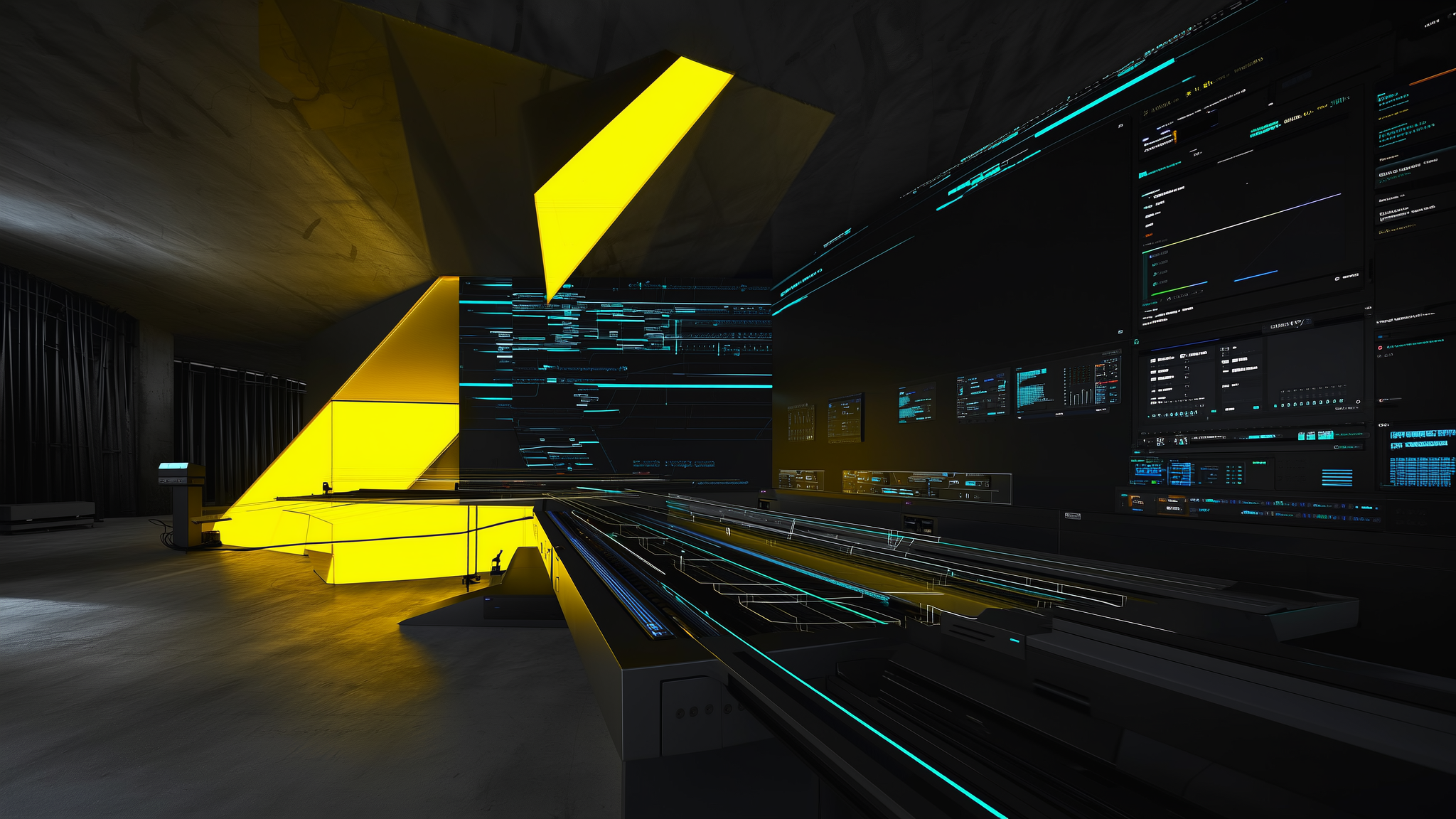 3D rendered futuristic control room with bright yellow geometric shapes and cyan digital interface elements